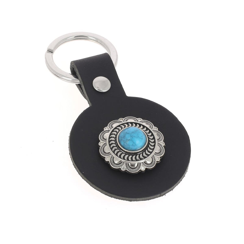 Porte clé en cuir avec concho rond forme de fleur avec pierre bleue