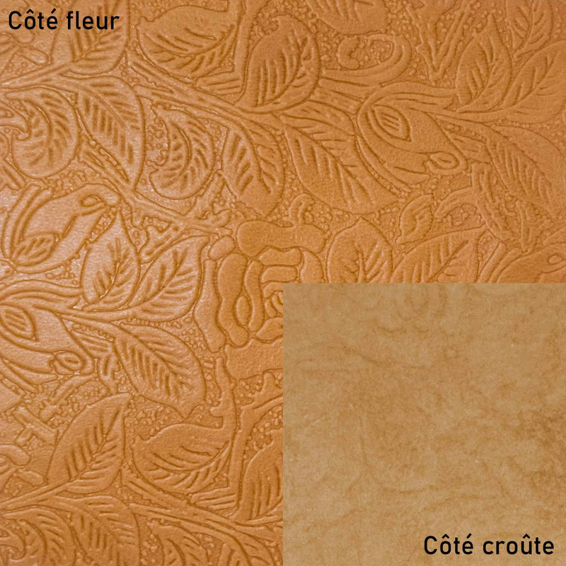 Peau entière de cuir de basane FRANCE imprimé FLORAL - ANILINE - COGNAC BAF25