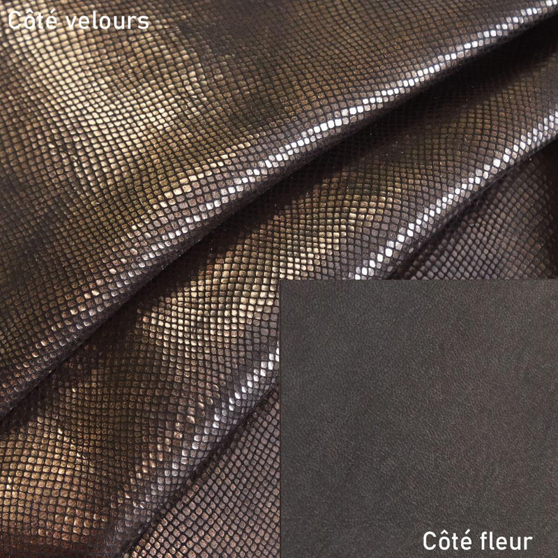 Peau de cuir de chèvre velours imitation reptile - NOIR BRONZE P33